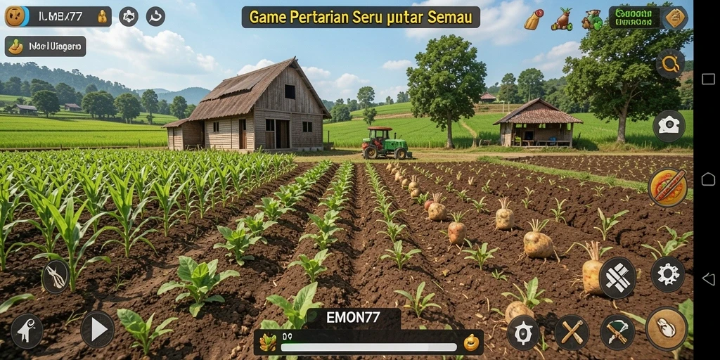Tampilan gameplay <strong>EMON77</strong> dengan ladang dan aktivitas bertani yang menyenangkan.